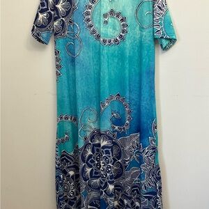 Blue Teal Ombre Floral Maxi Dress